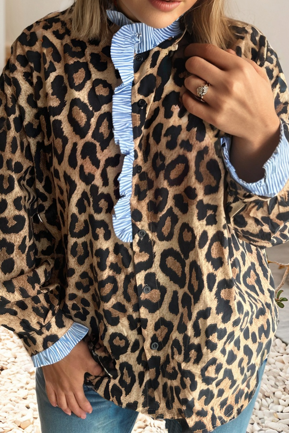 Leopard + Blue Trim Top