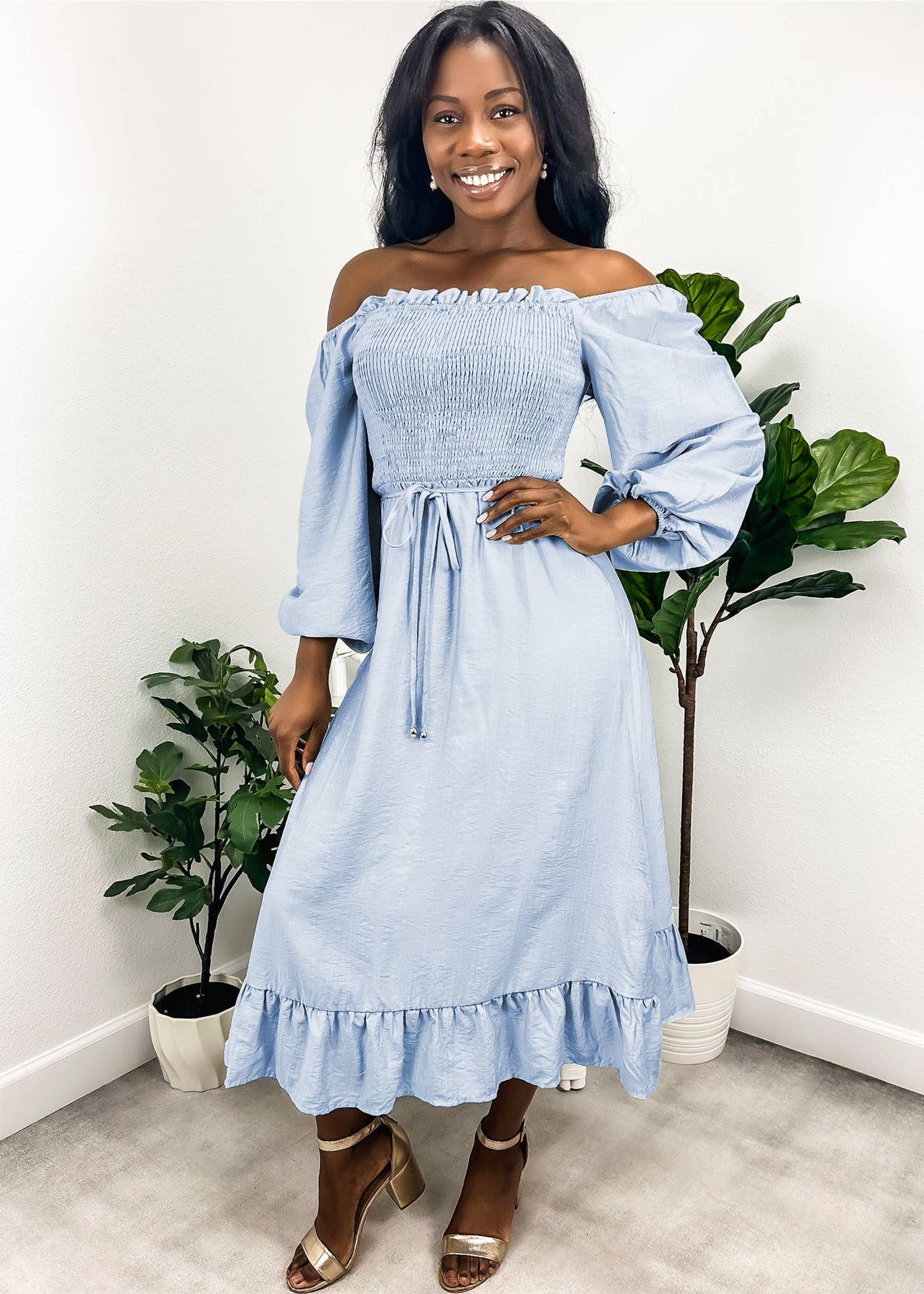 Shirred Bishop Sleeve Dress