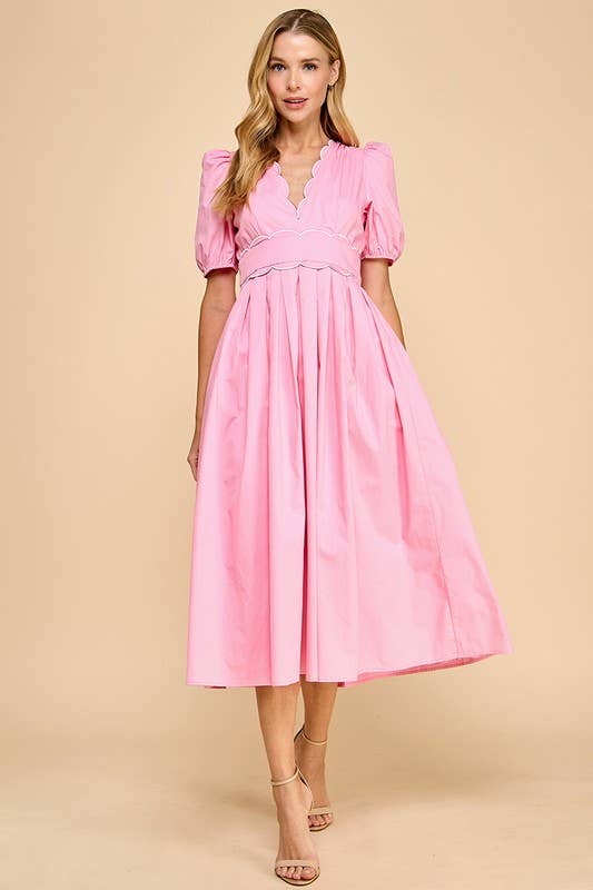 Sweetheart Pink Scallop Midi Dress