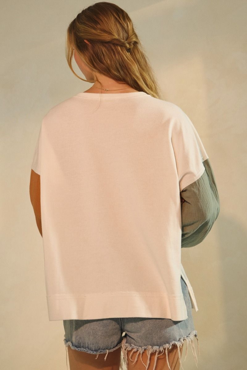 Cream Sweater with Flannel Sleeves