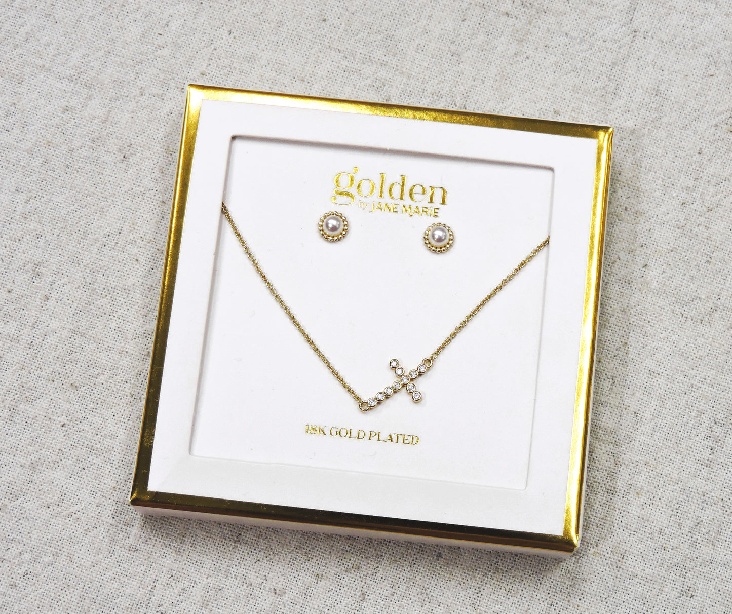 Gold Chain Necklace with Crystal Cross and Coordinating Earrings