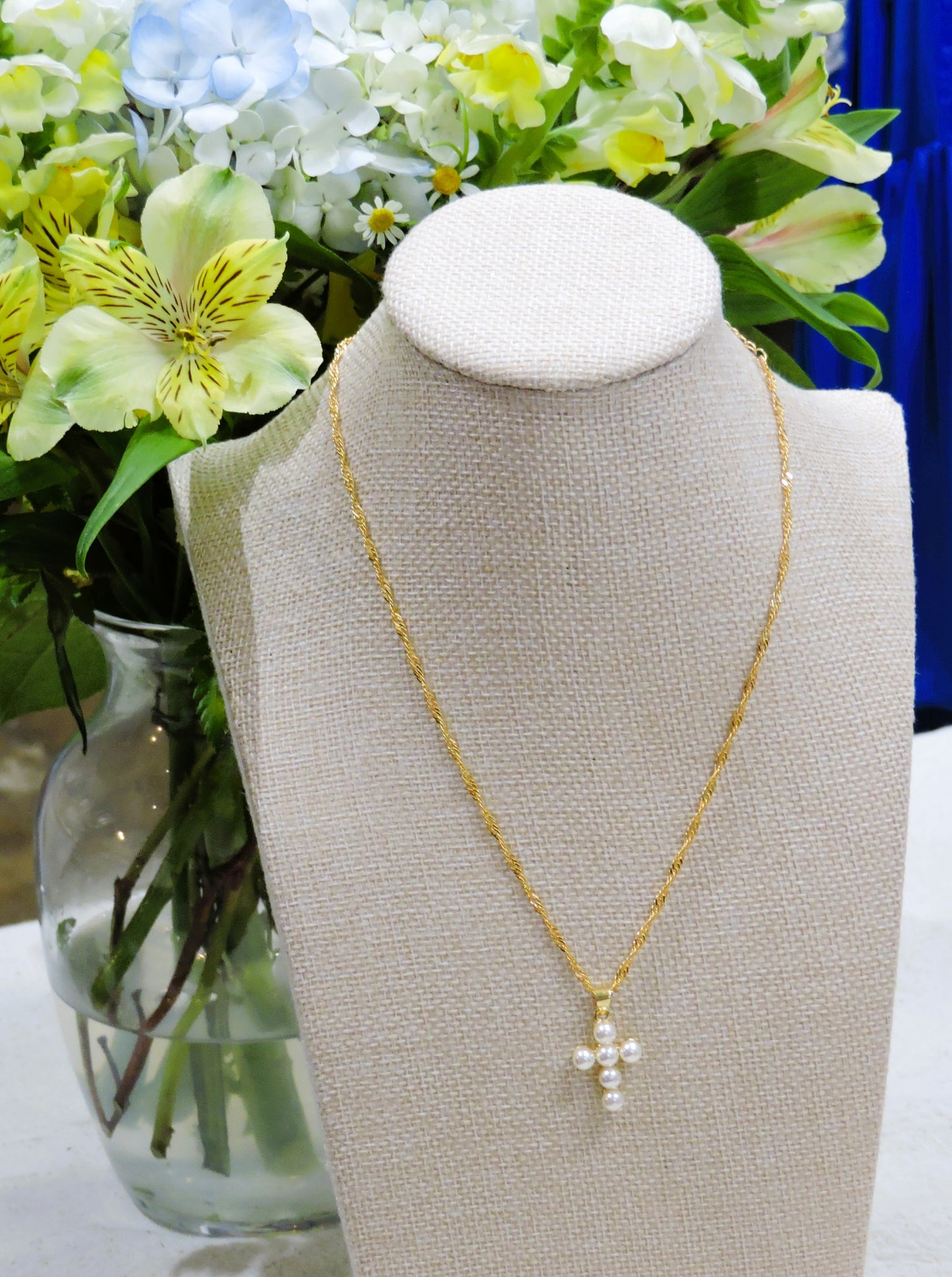 Gold Chain Necklace with Pearl Bubble Cross
