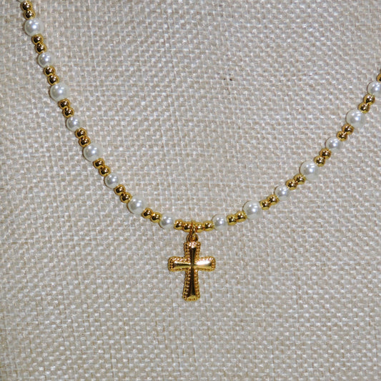 Gold & Pearl Beaded Necklace with Gold Cross