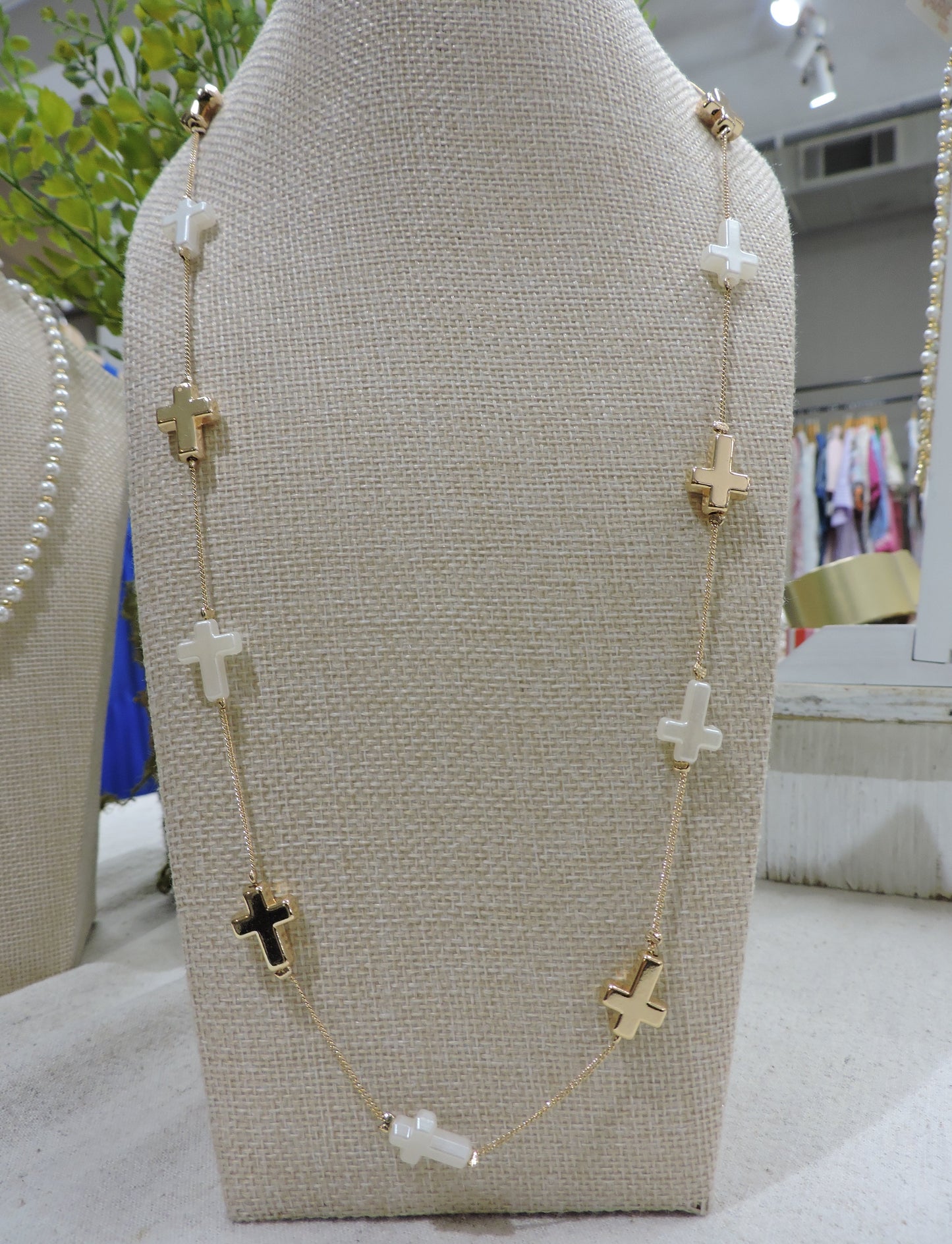 Gold Satellite Chain Necklace with Gold, Pearl Cross Stations