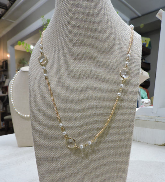 Gold Double Chain Pearl Accents, Crystal Stations Necklace
