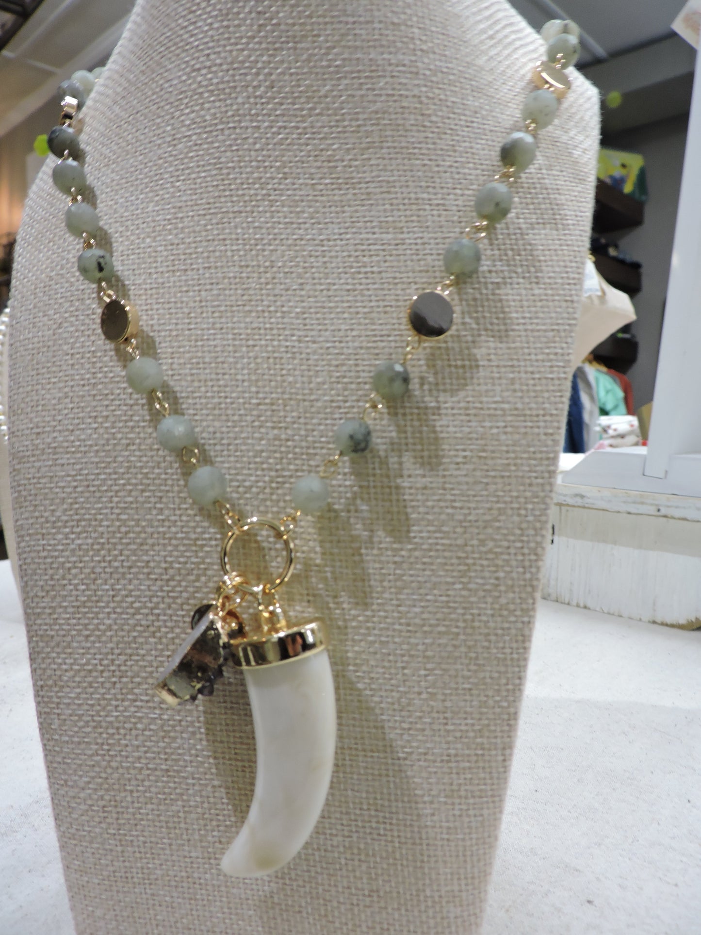 Kiwi Semi Precious Beaded Link Necklace with White Horn & Grey Druzy