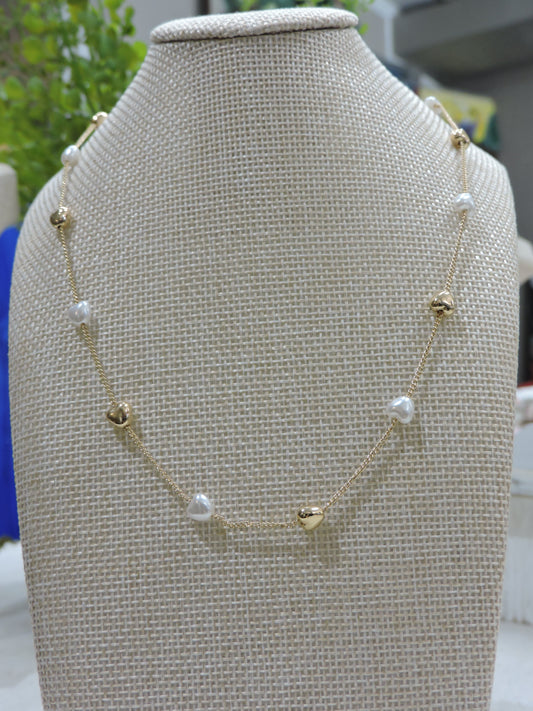 Gold Satelite Chain Necklace with Gold, Pearl Heart Stations