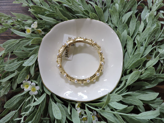 Gold Pearl Inlay Artisan Stretch Bangle Bracelet