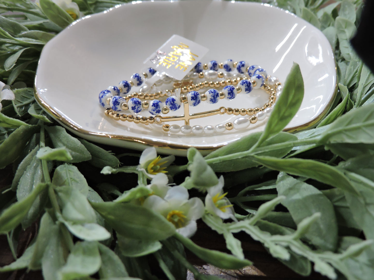 Blue Floral, Pearl, Gold Beaded Stretch Bracelet with Cross