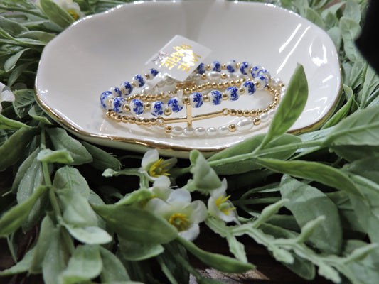 Blue Floral, Pearl, Gold Beaded Stretch Bracelet with Cross