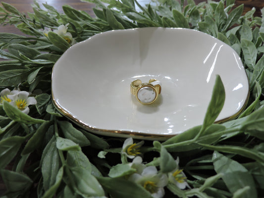 Gold Line Textured Ring with White Circle Pearl