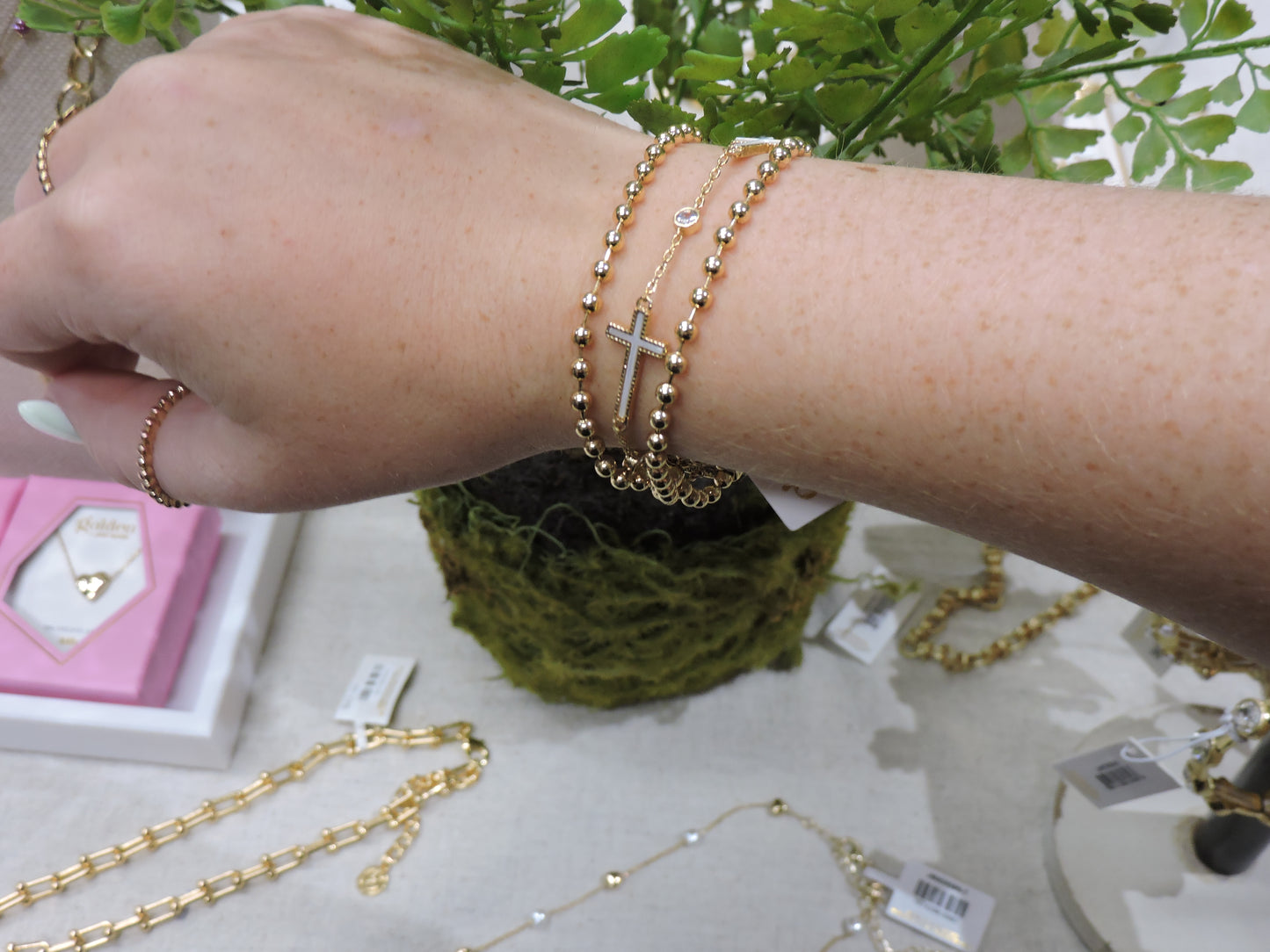 Gold Plated 3 Strand Gold Ball & Link Chain Magnetic Bracelet with Crosses & Crystals