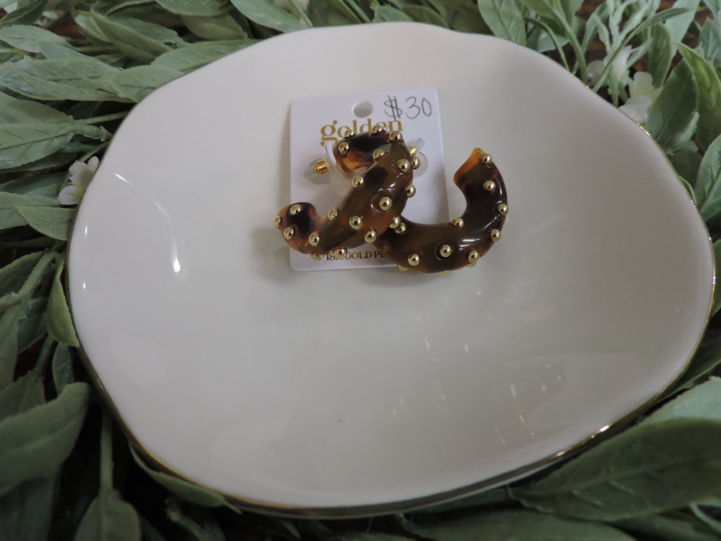 Gold Plated Tortoise Thick Hoop Earring with Gold Stud Accents