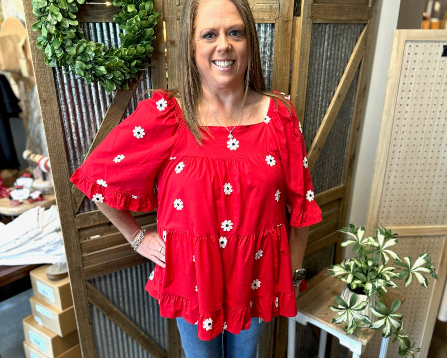 Daisy Embroidered Square Neck Top