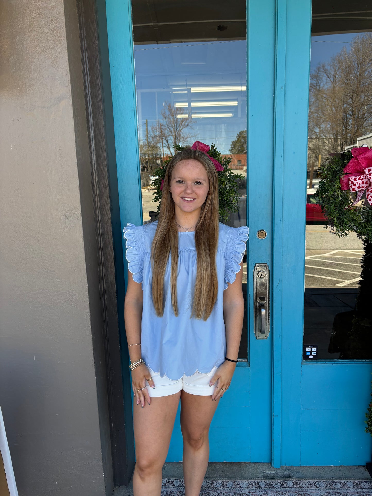 Powder Blue Scalloped Flutter Blouse