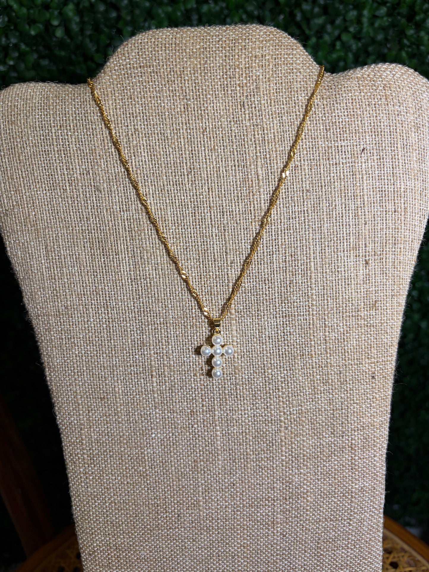 Gold Chain Necklace with Pearl Bubble Cross