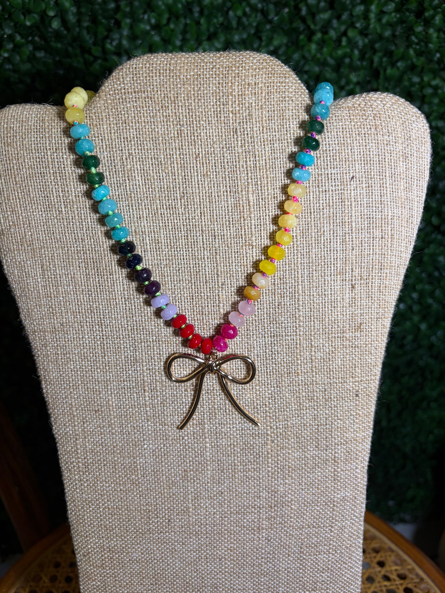 Multi Handknotted Necklace with Gold Bow