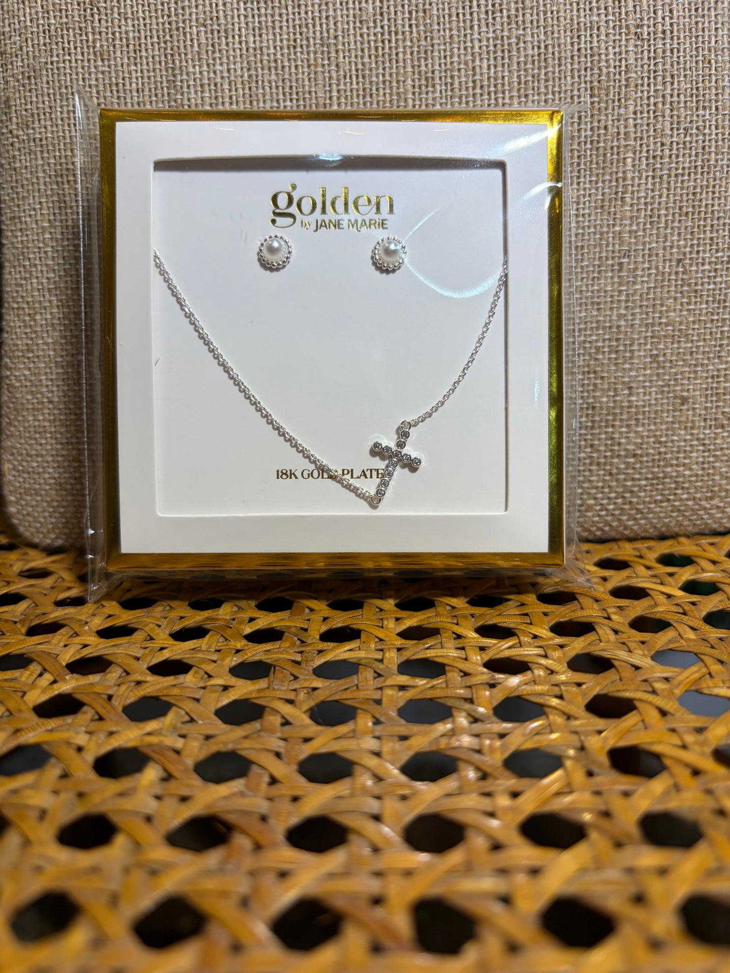 Silver Chain Necklace with Crystal Cross and Coordinating Earrings