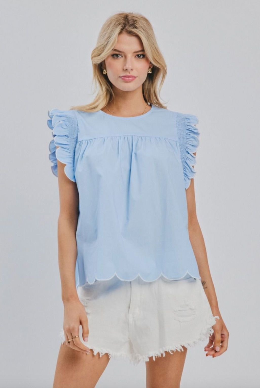 Powder Blue Scalloped Flutter Blouse