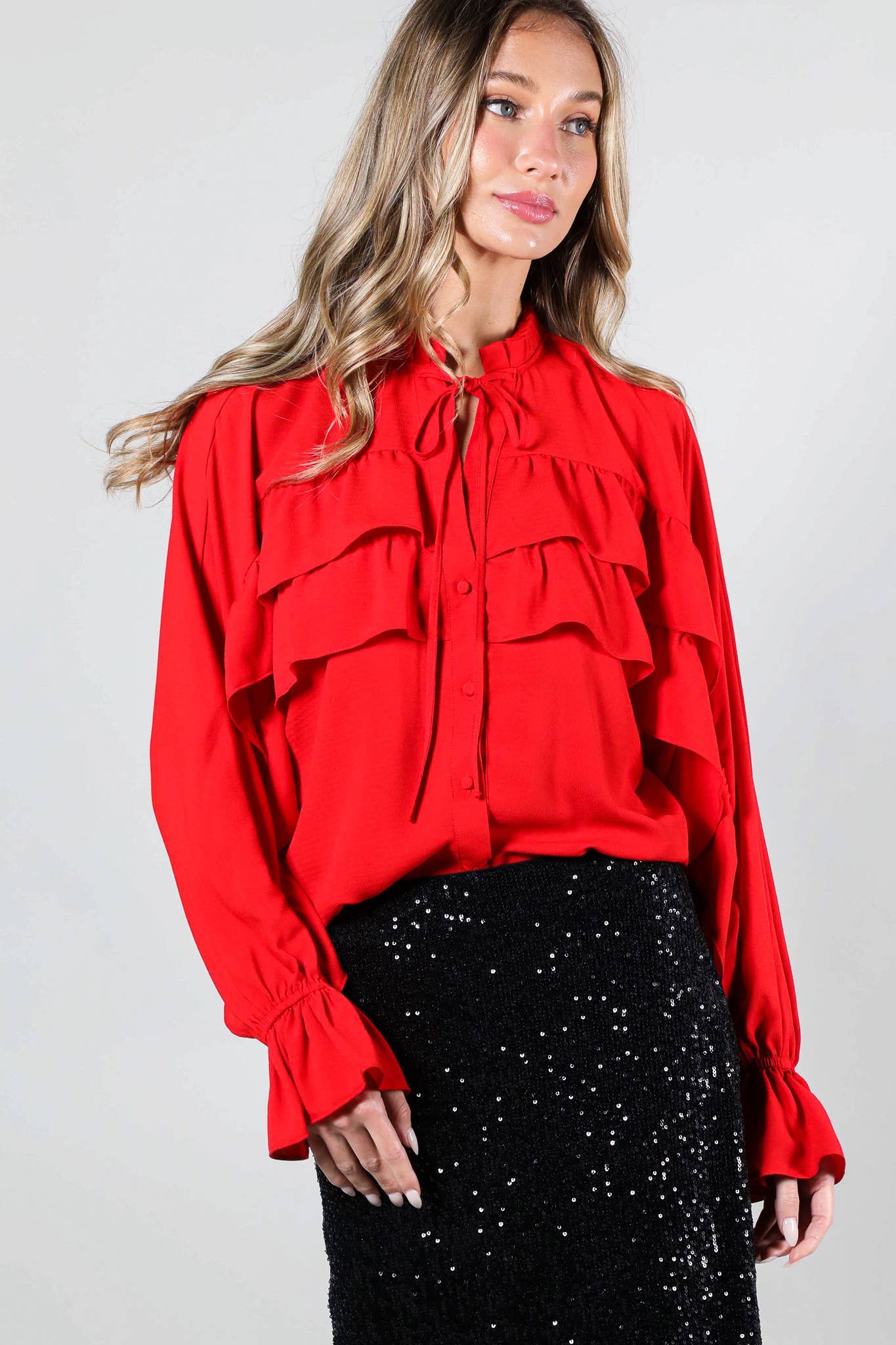 Flirty Tie Neck Ruffle