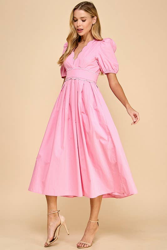 Sweetheart Pink Scallop Midi Dress