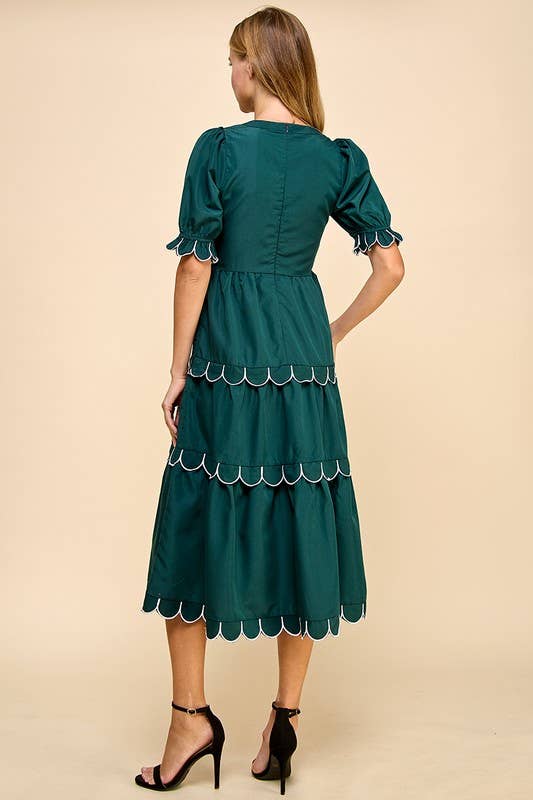 Darla's Scallop Green Puff Sleeves Dress