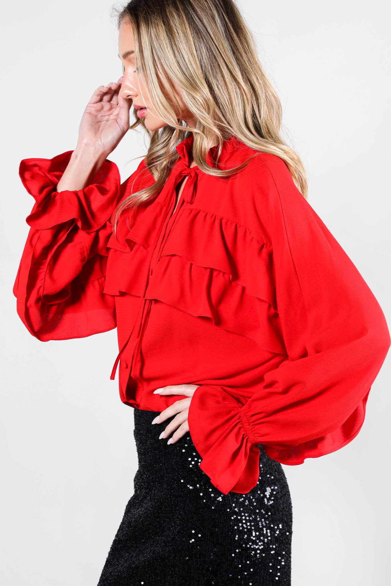 Flirty Tie Neck Ruffle