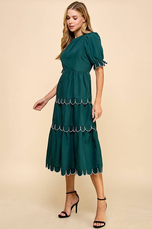 Darla's Scallop Green Puff Sleeves Dress
