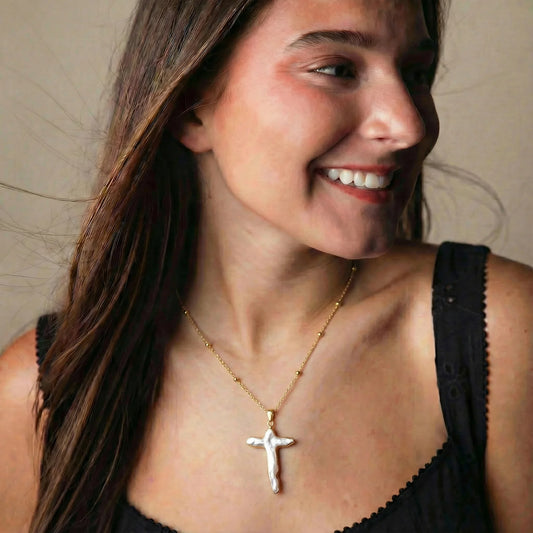 Electroplated Pearl Cross Necklace