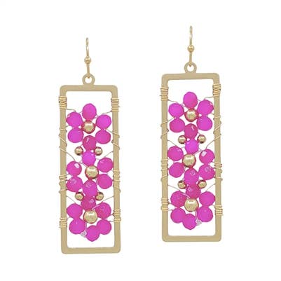 Hot Pink Crystal Flower in Open Gold Rectangle 1.25" Earring