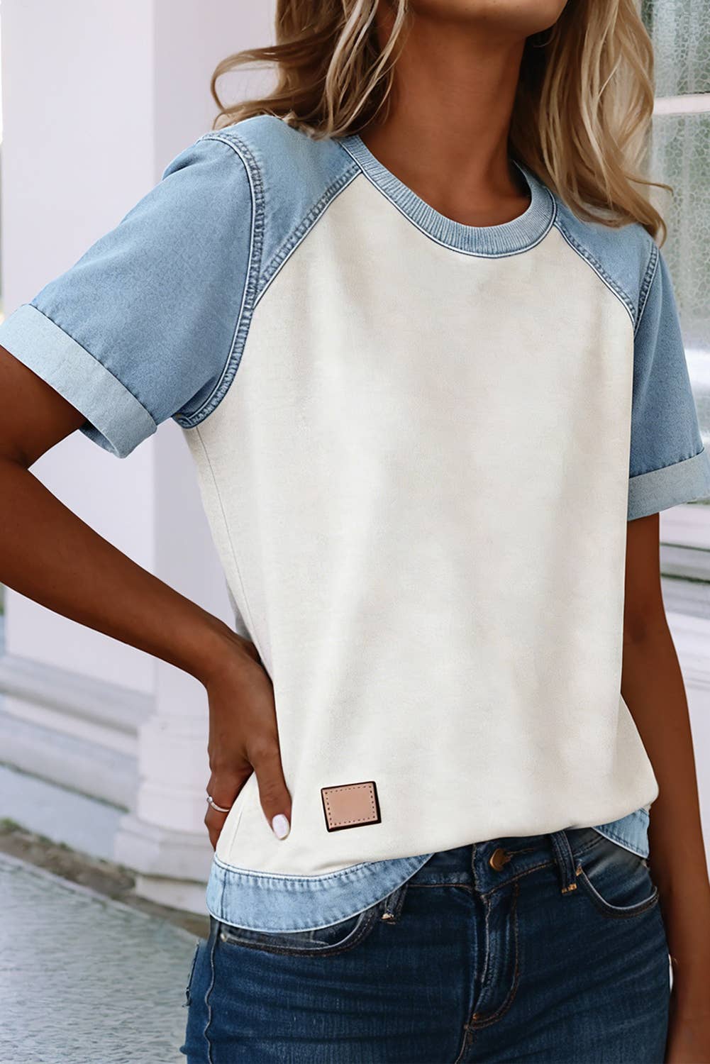 LDC Denim Color Block Patchwork Round Neck Tee