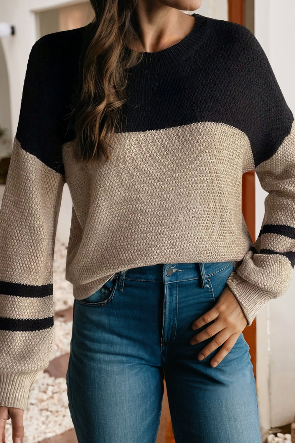 Neutral Color Block Knit Sweater