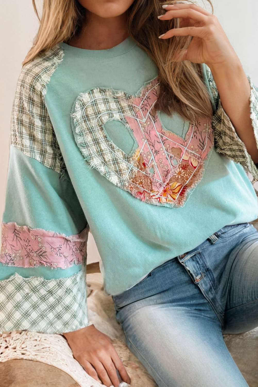 Plaid Floral Heart Patchwork Top