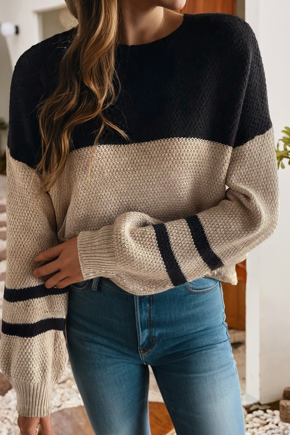 Neutral Color Block Knit Sweater