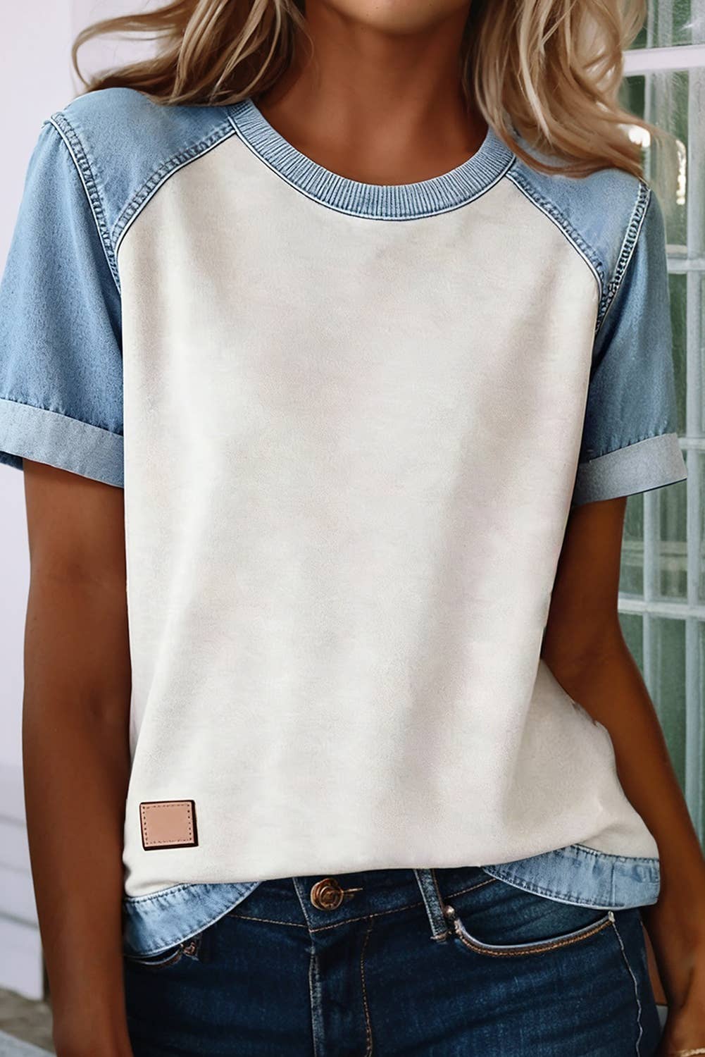 LDC Denim Color Block Patchwork Round Neck Tee