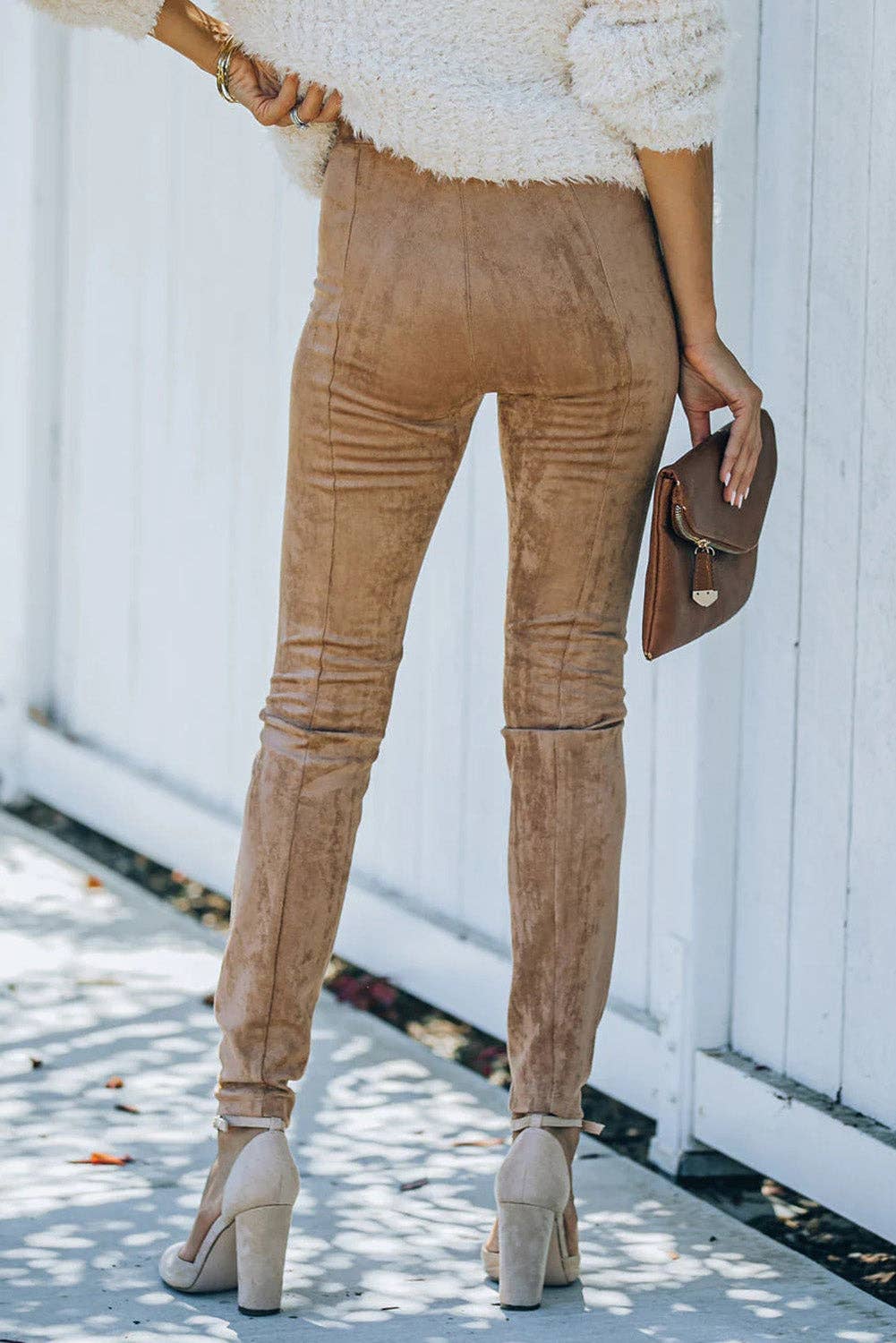 Khaki Mid Rise Faux Suede Leggings