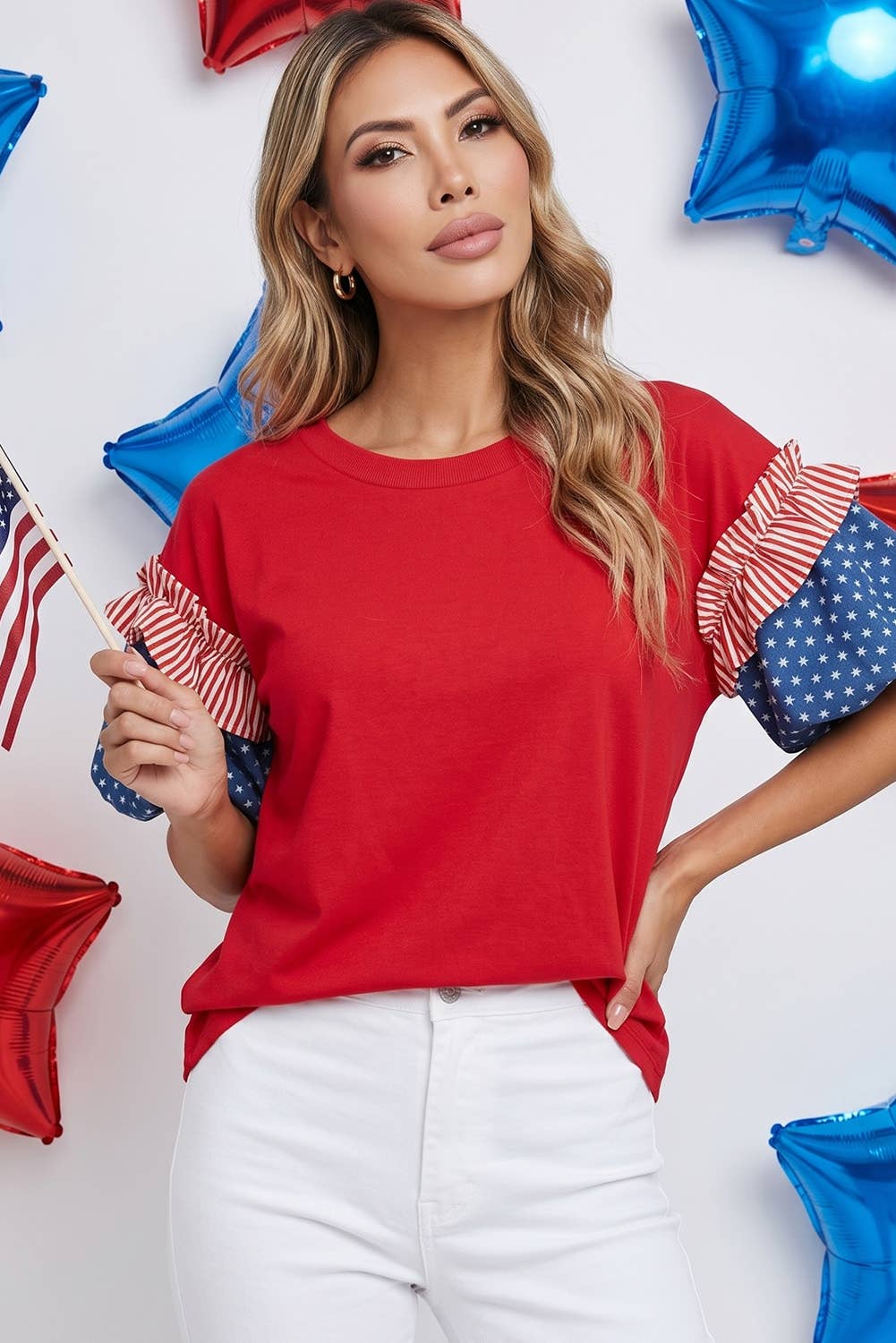 4th of July Stars Stripes Short Puff Sleeve Top