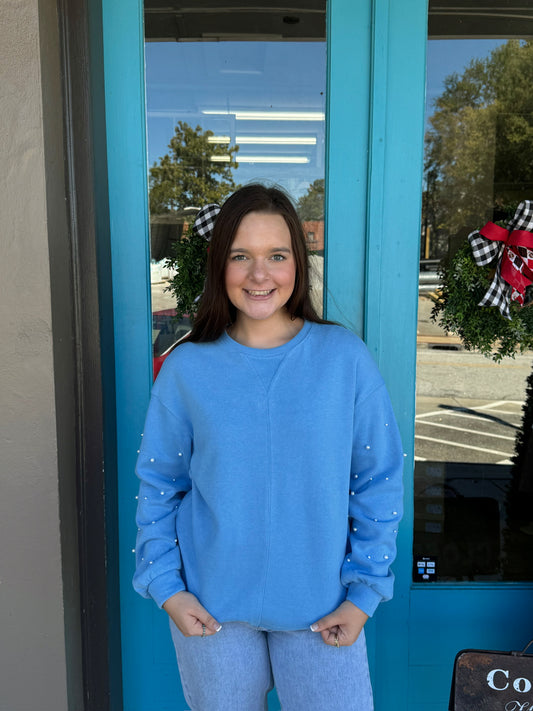 Pretty Blue Pearled Sleeves Sweatshirt