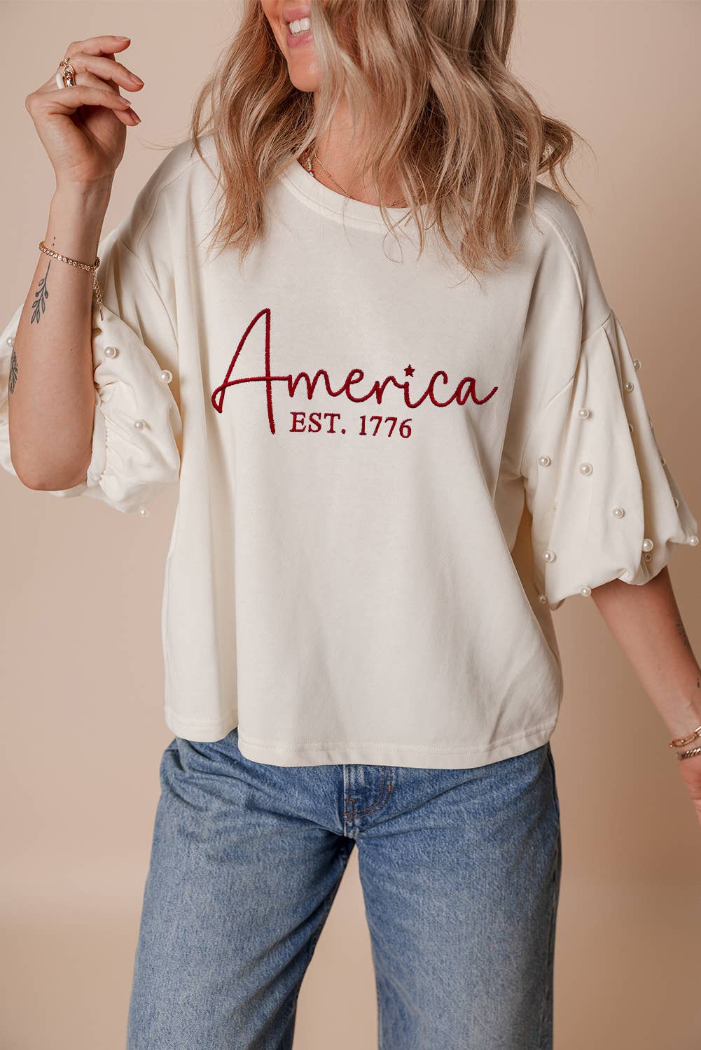 America Embroidered Pearl Top
