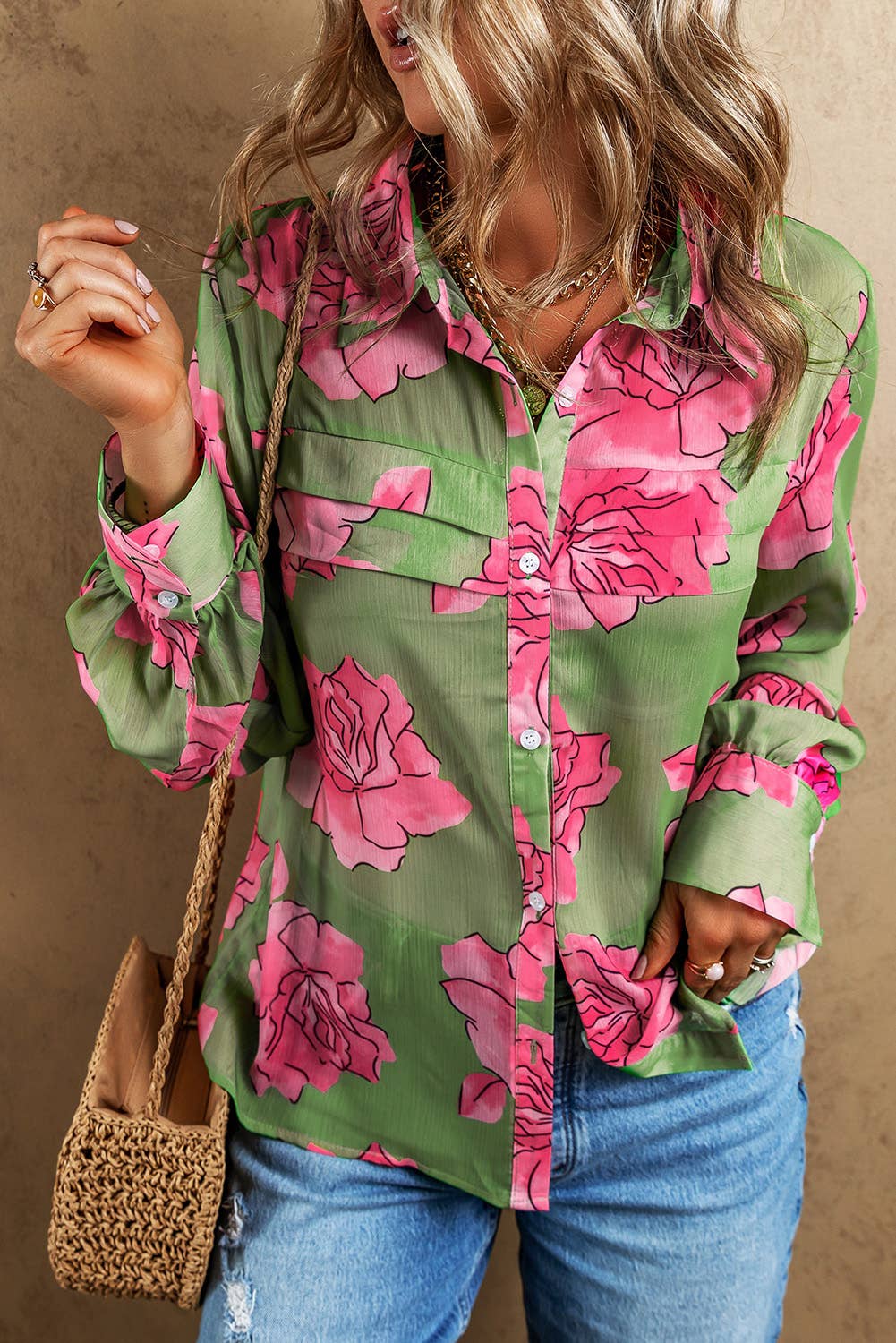 Green Floral Print Blouse