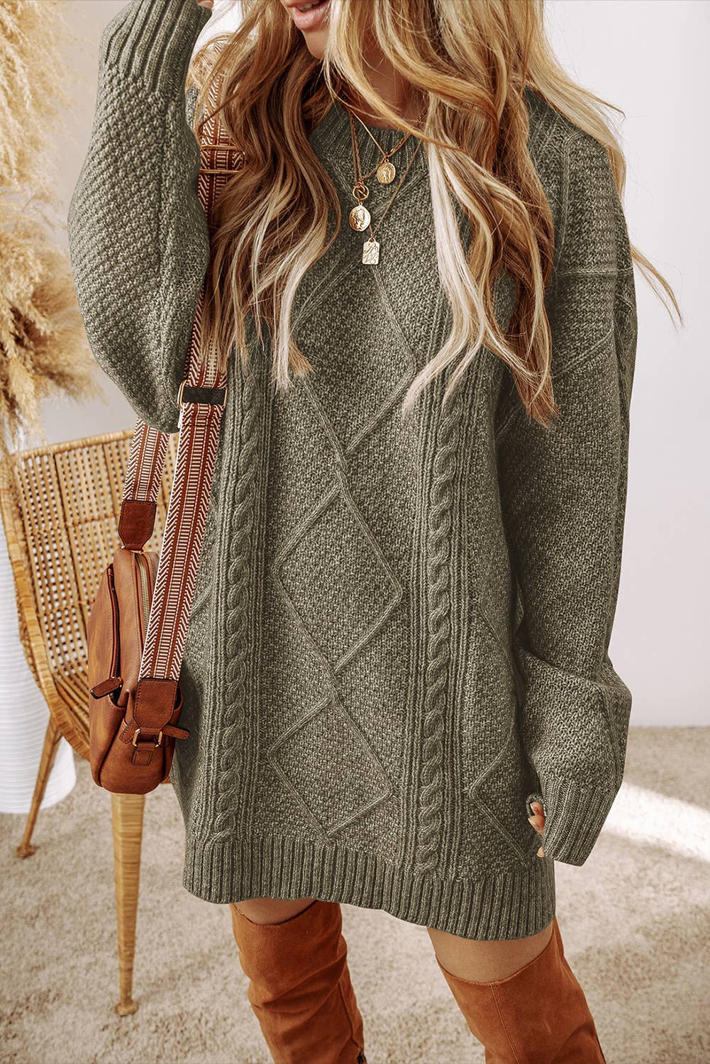 Cable Knit Drop Shoulder Sweater Dress