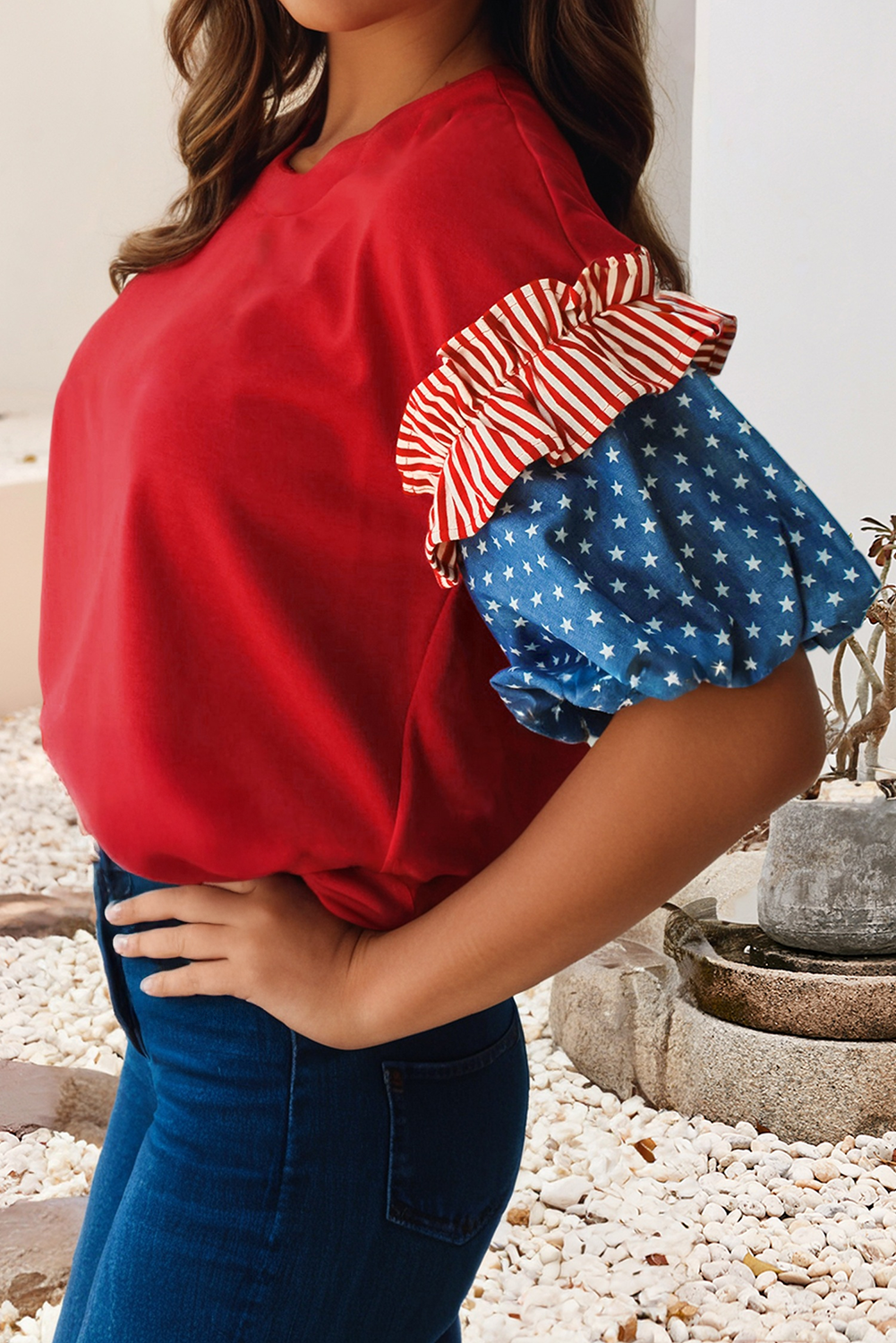 4th of July Stars Stripes Short Puff Sleeve Top