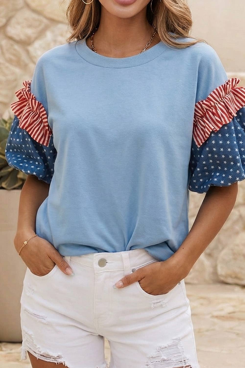 4th of July Stars Stripes Short Puff Sleeve Top