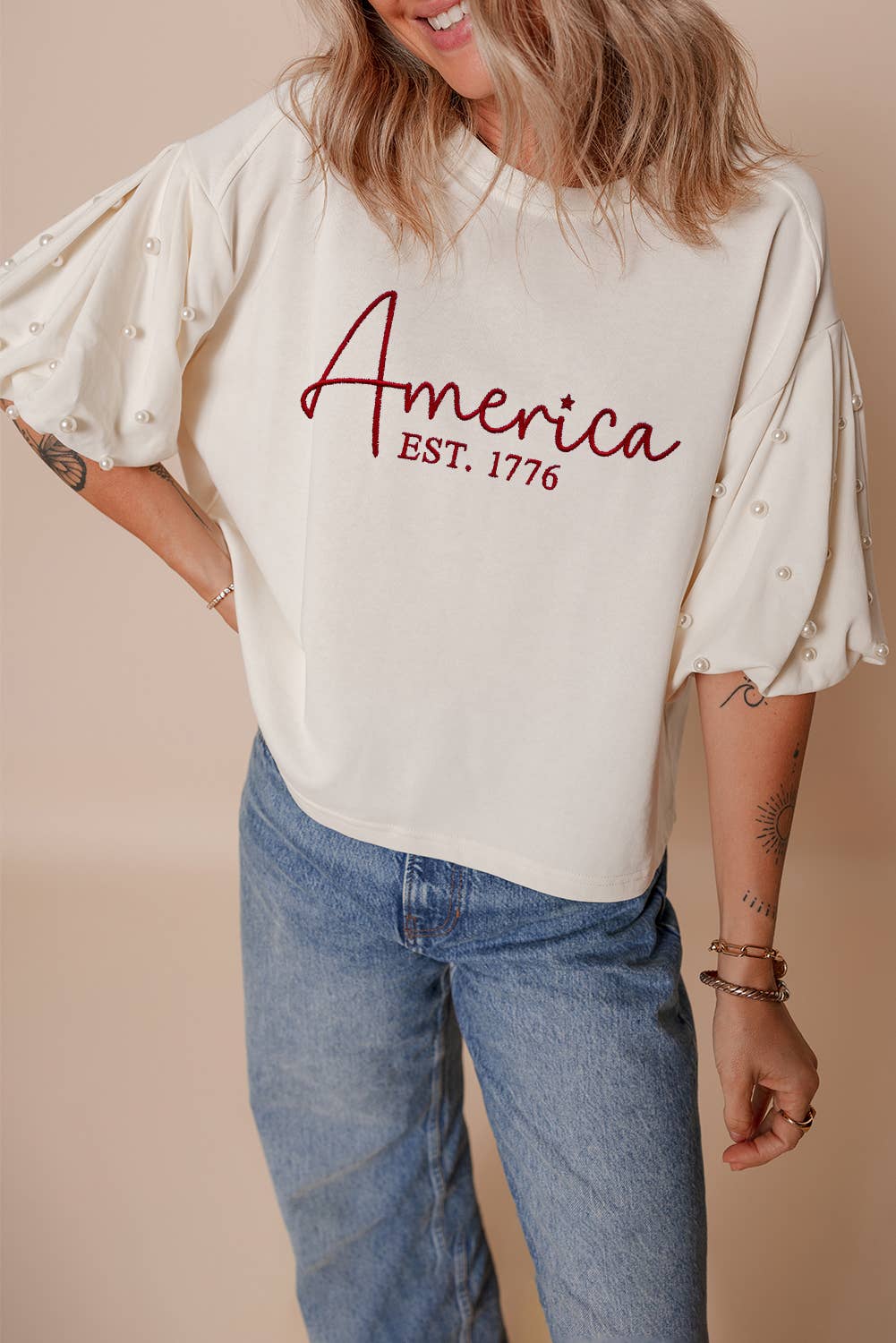 America Embroidered Pearl Top