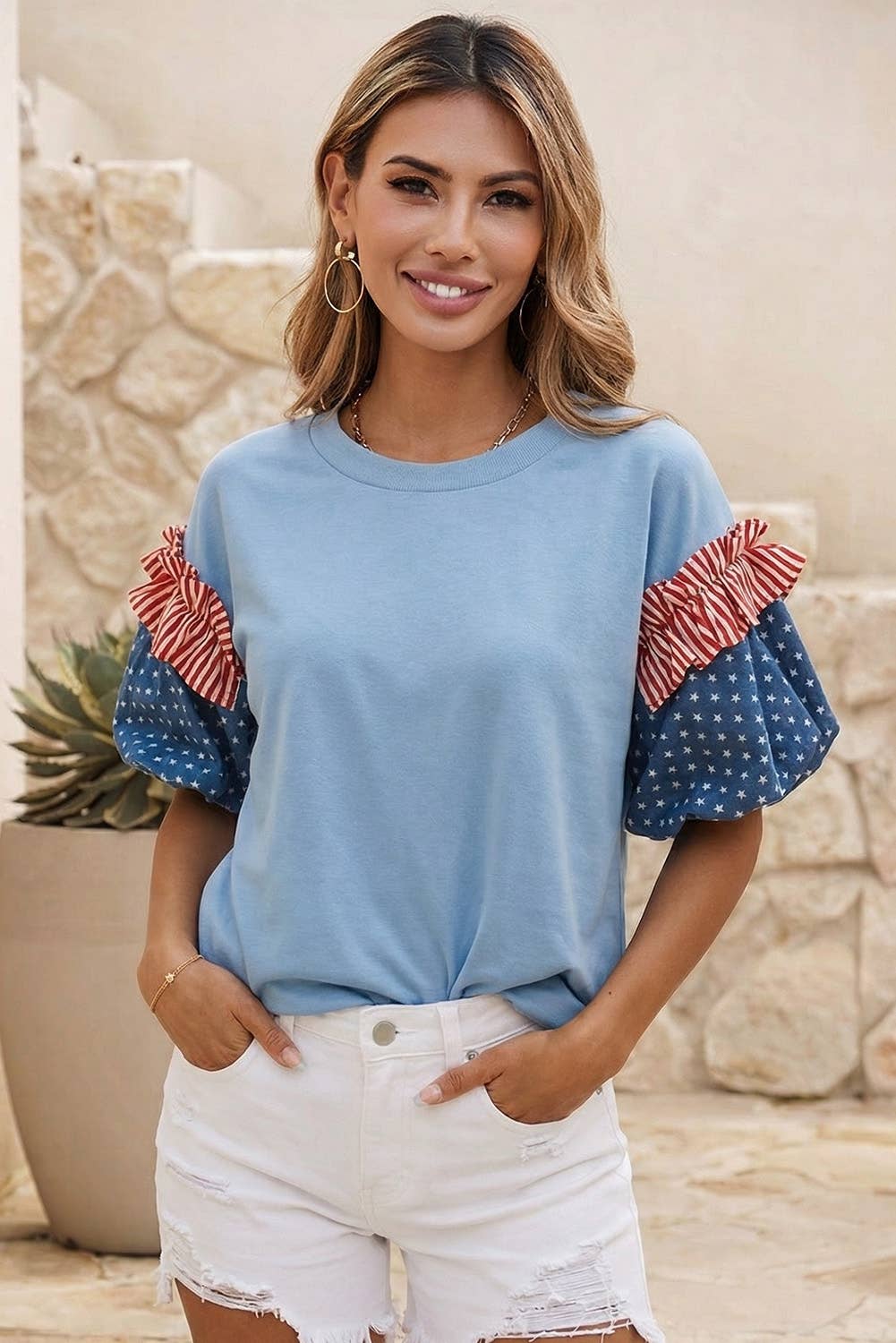 4th of July Stars Stripes Short Puff Sleeve Top