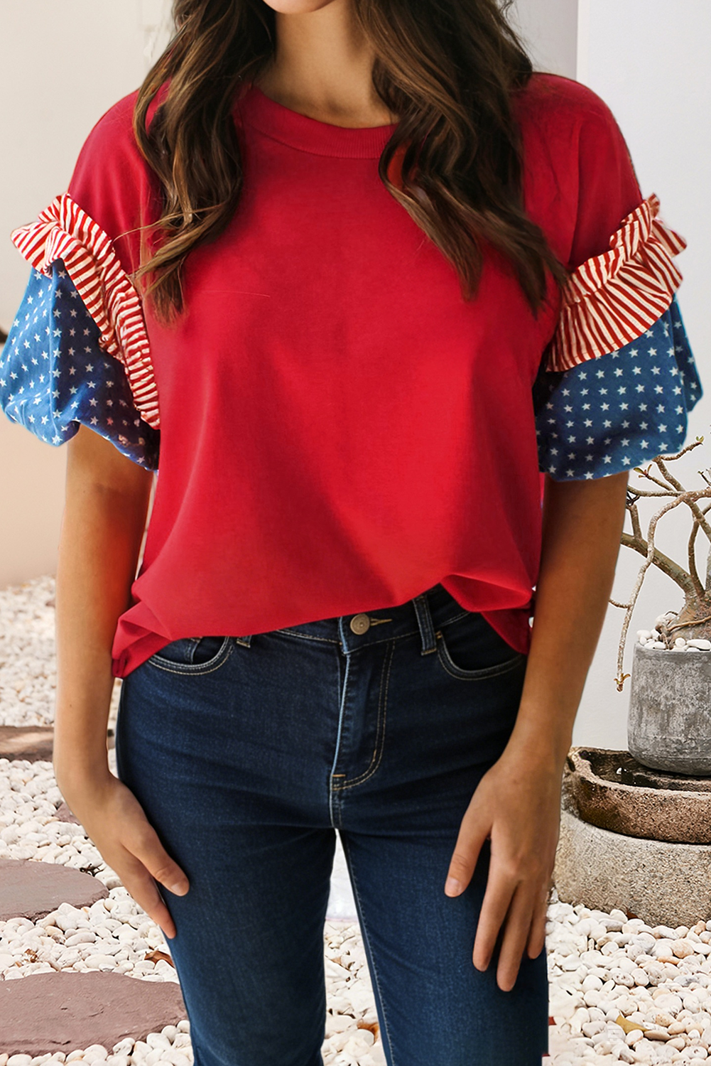 4th of July Stars Stripes Short Puff Sleeve Top