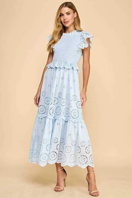 Soft Blue Eyelet Scallop Hem Dress