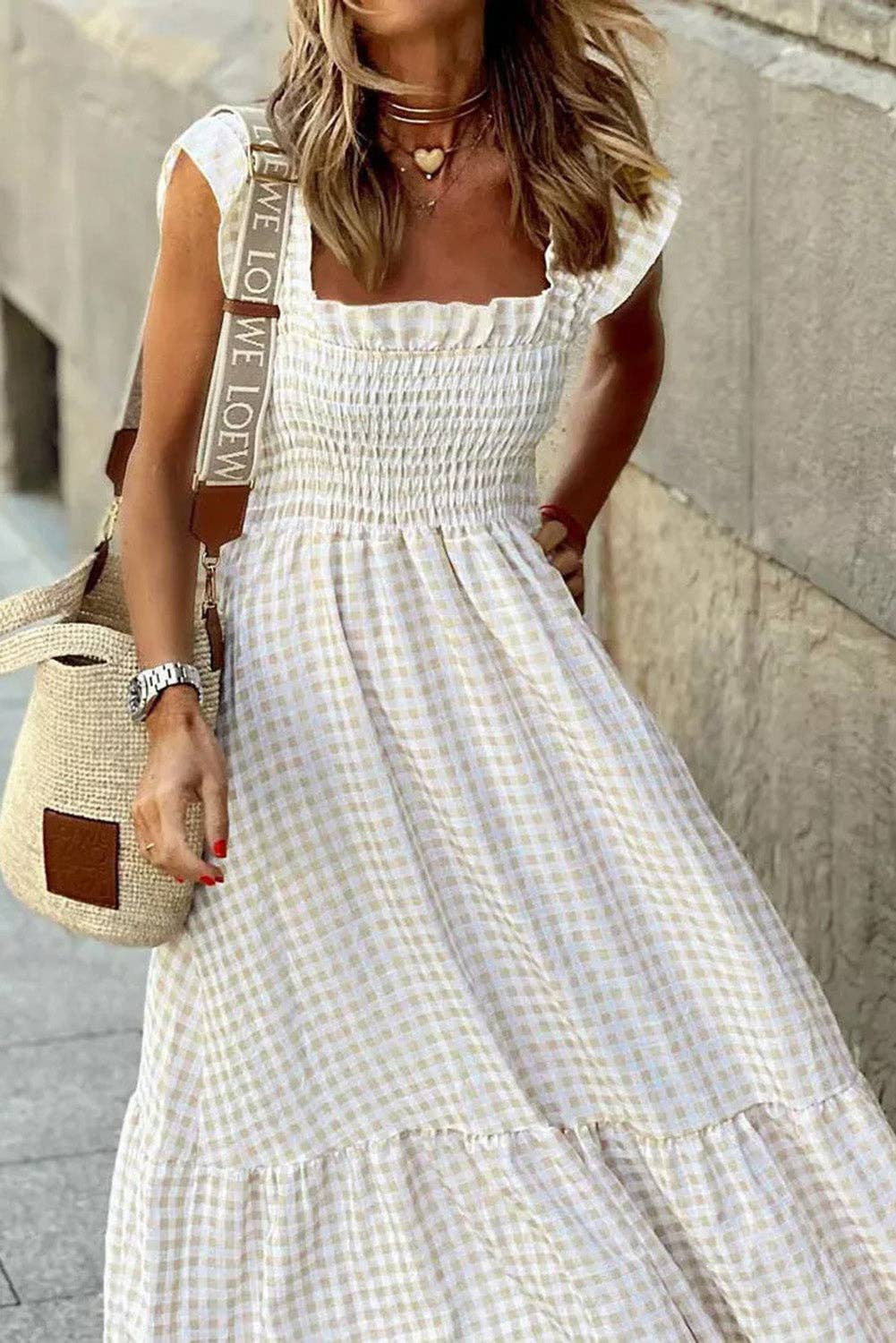 Soft Plaid Ruffled Smocked Maxi Dress