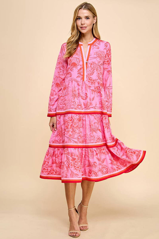 Vivian's Floral Print Tiered Midi Dress