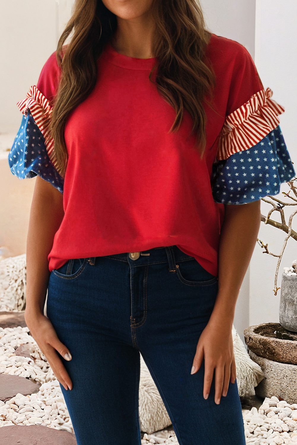4th of July Stars Stripes Short Puff Sleeve Top
